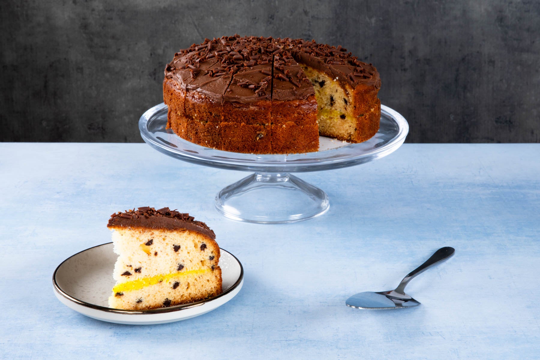 LHMC008-114.jpg Chocolate chip cake with chocolate topping and a sliced piece.